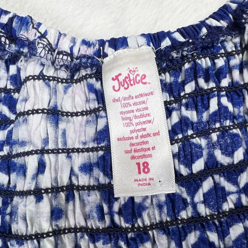 Justice Blue And White Puff Sleeve Jumpsuit Girls Size 18 Split Leg Smocked